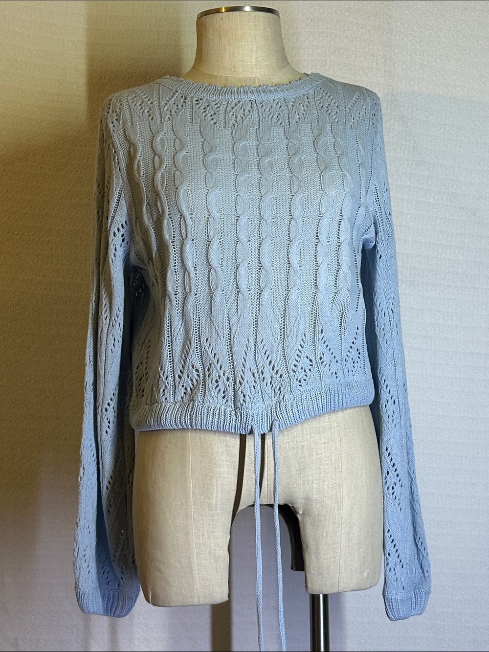 Le Lis Powder Blue Cable Knit Crewneck with Drawstring